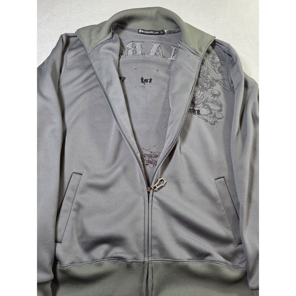 Monarchy Skull Track Jacket Mens Large Embroidered Graphic Moto Streetwear Y2K - Picture 6 of 12
